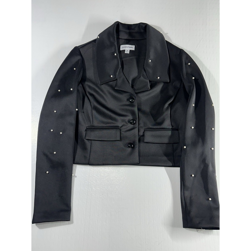 Shelby & Palmer Black Satin Cropped Dress Jacket With Pearl Beads Size Medium